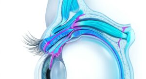 남성 눈꺼풀의 해부학적 구조와 매몰법 원리를 보여주는 3D 일러스트
